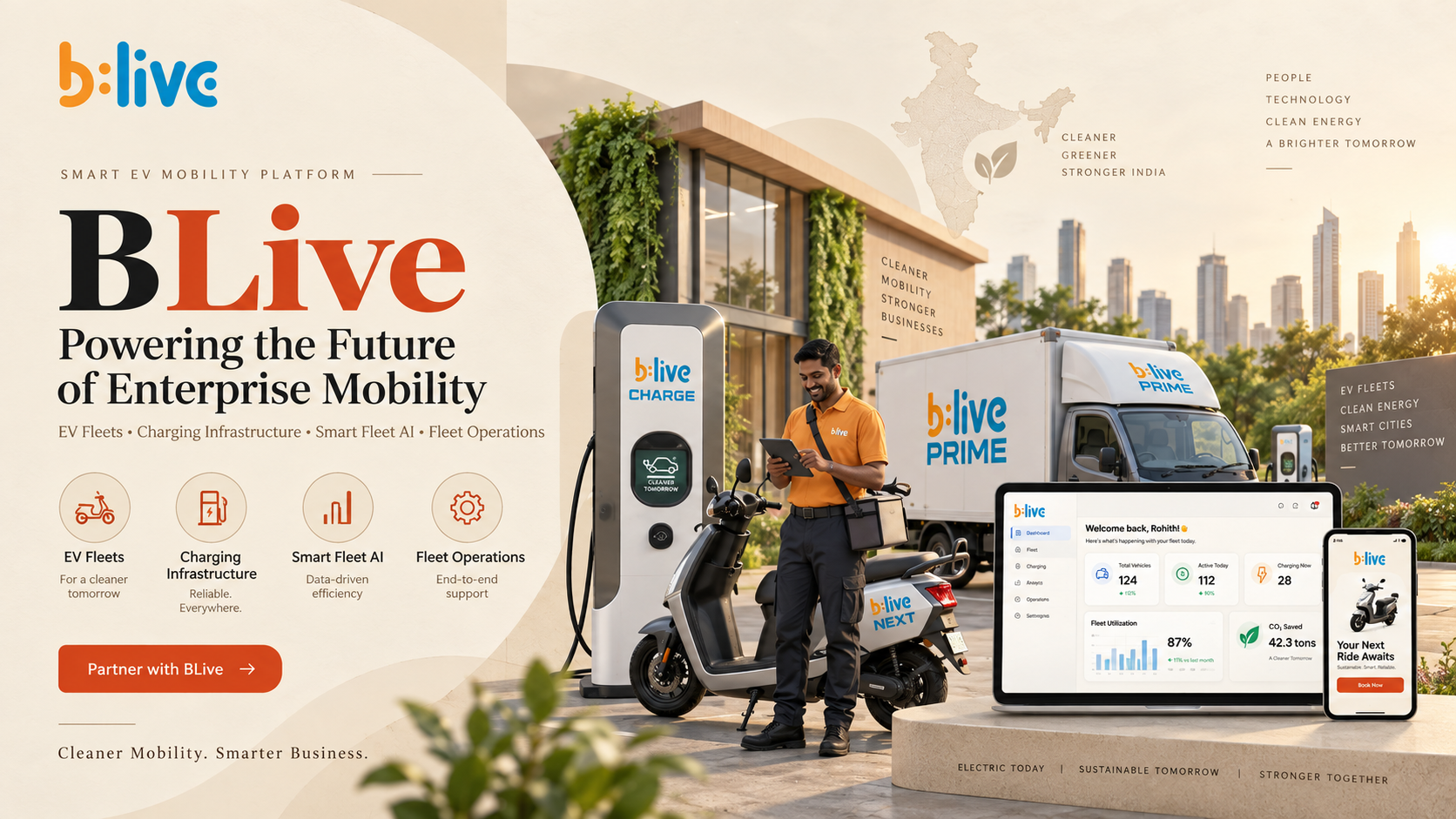 BLive smart EV mobility platform website - EV fleets charging infrastructure